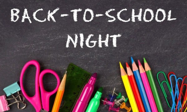 Picture of school supplies on a chalk board with the text "Back to School Night" written in white chalk